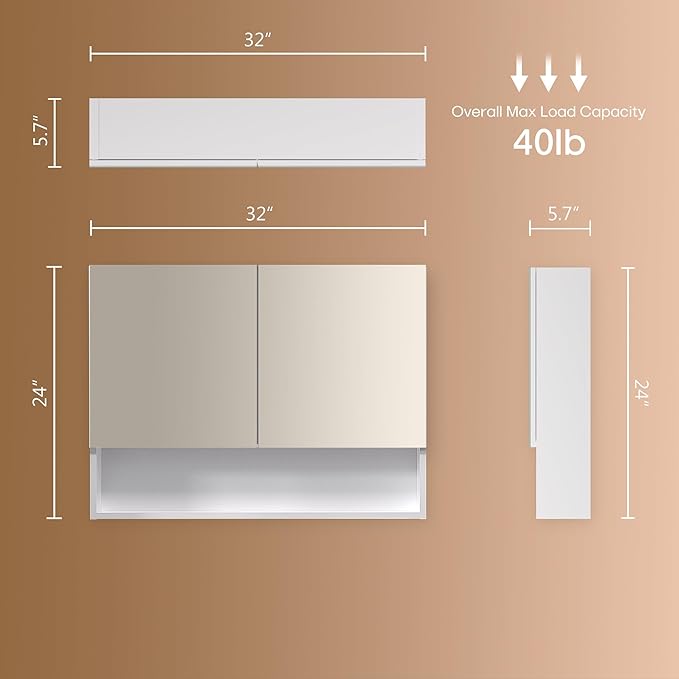 Bathroom Cabinet with Mirror, Wall Cabinet with 2 Mirrored Doors, Adjustable Shelf, Open Compartment, Wall-Mounted, 24x32 Inches, White (Assembly Required)