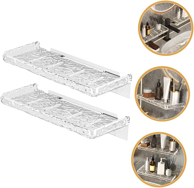 2pcs Floating Wall Shelves Bathroom Storage Rack Transparent Wave Pattern Strong Mounted Organizer for Shampoo Toothbrush and Kitchen Seasoning Holder