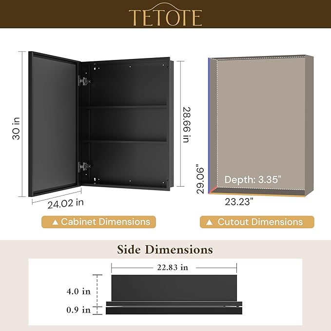 TETOTE Medicine Cabinet Mirror 24" x 30" Black Bathroom Mirrored Cabinets with Stepless Adjustable Shelves Beveled Aluminum Frame, Wall-Mounted or Recessed