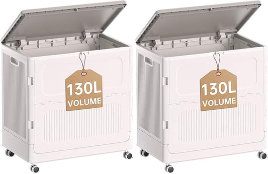 HAIXIN HOME Rolling Laundry Hamper with Lid, 130L Large Clothes Hampers for Laundry, Plastic Collapsible Laundry Baskets with Wheels and Lid, Install-Free & Easy to Transport to Laundry Room (2 Pack)