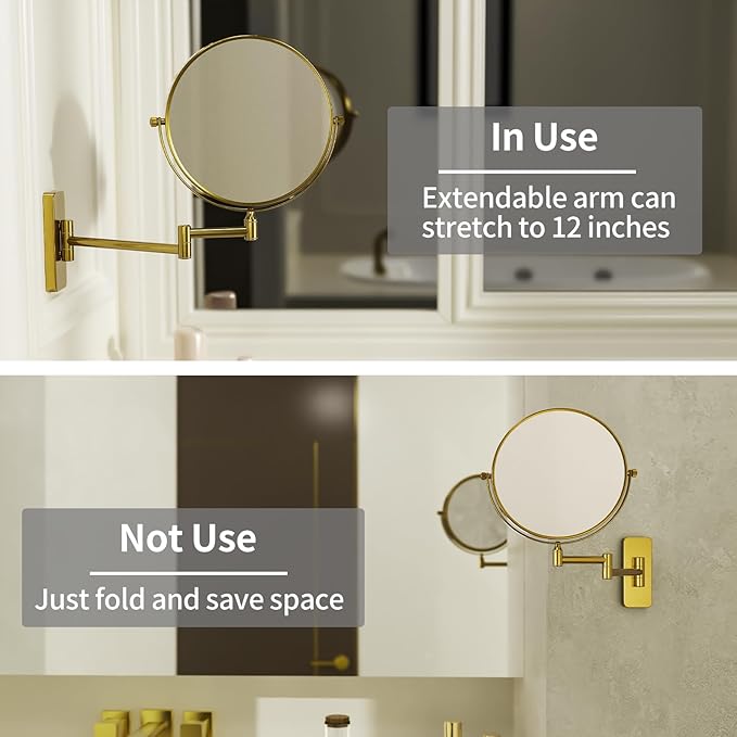 Nicesail Brass Make up Mirror Wall Mounted,1X and 7X Double-Sided Magnifying Mirror Brass Vanity Mirror for Bathroom Wall Extendable Swivel, Antique Brass Finish (8 Inch, 7X)