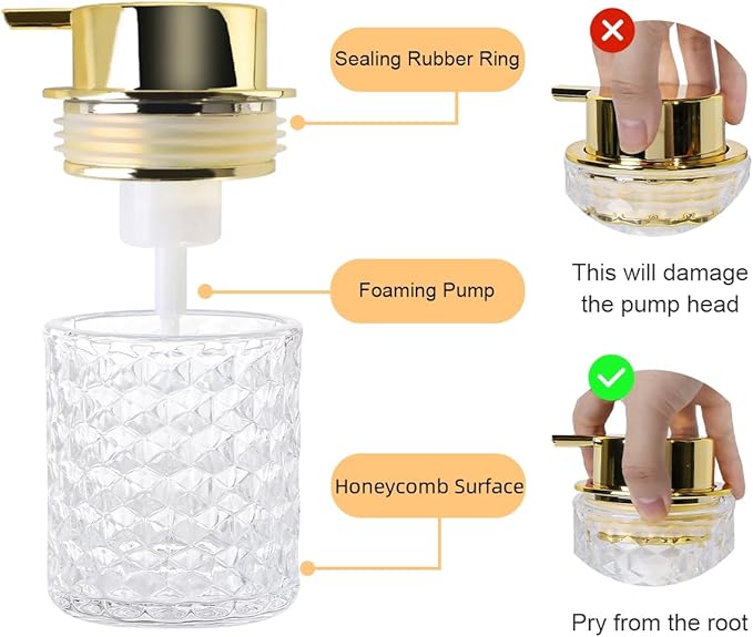 Bathroom Accessories Set 2pcs Glass Foaming Soap Dispenser and Toothbrush Holder for Bathroom Countertop, Clear Glass Bathroom Assessory Set with Gold Decor