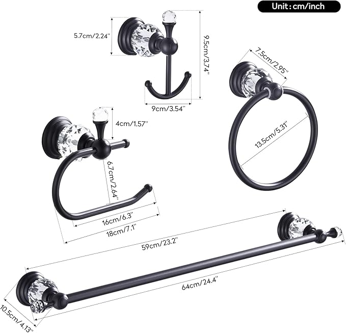 WOLIBEER Crystal Bathroom Hardware, Black 24 Inch Towel Bar Set Toilet Paper Holder Towel Ring Coat Hooks Bathroom Accessories 4 Pieces Wall Mounted