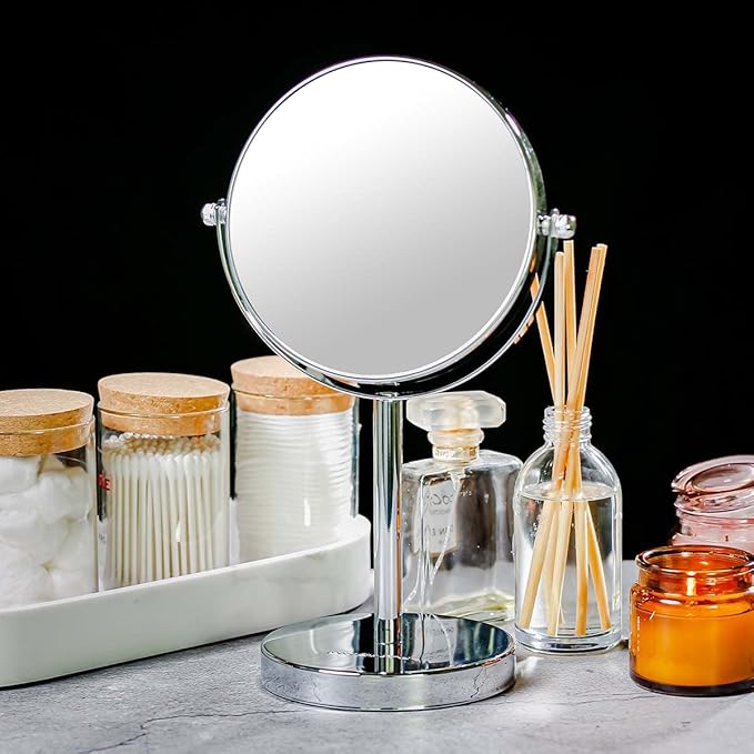 OVENTE 6'' Tabletop Makeup Mirror with 1X/7X Magnification, 360° Swivel Design, Double-Sided Free-Standing Vanity Mirror Perfect for Dresser, Bedroom and Office Desk, Polished Chrome MNLT60CH1X7X