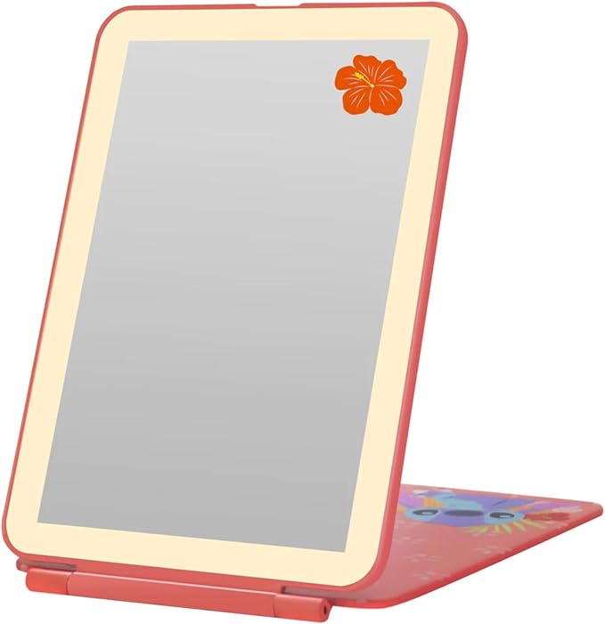 Impressions Vanity Disney Stitch TouchPad Mini LED Makeup Mirror for Purse, Ultra Slim Travel Mirror with Tri Tone Lights, Flip Cover, Adjustable Brightness, and Touch Screen Switch (Coral)
