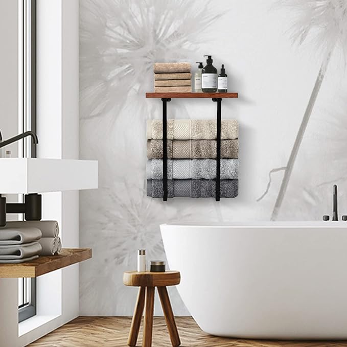 Towel Racks for Bathroom Wall Mounted with Wooden Shelf Bath Towel Holder for Rolled Towels Metal Towel Storage Organizer for Small Bathroom Decor or RV Camper Black