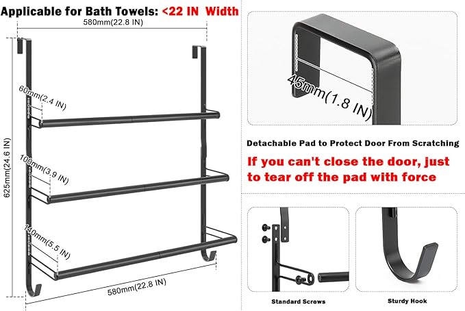 Livabber 3-Tier Over The Door Towel Rack, All Metal Towel Rack with Hooks for Door Hanging, Behind Door Towel Bar Towel Storage Holder for Bathroom Accessories, Black (22.8" L x 5.9" W x 24.4" H)