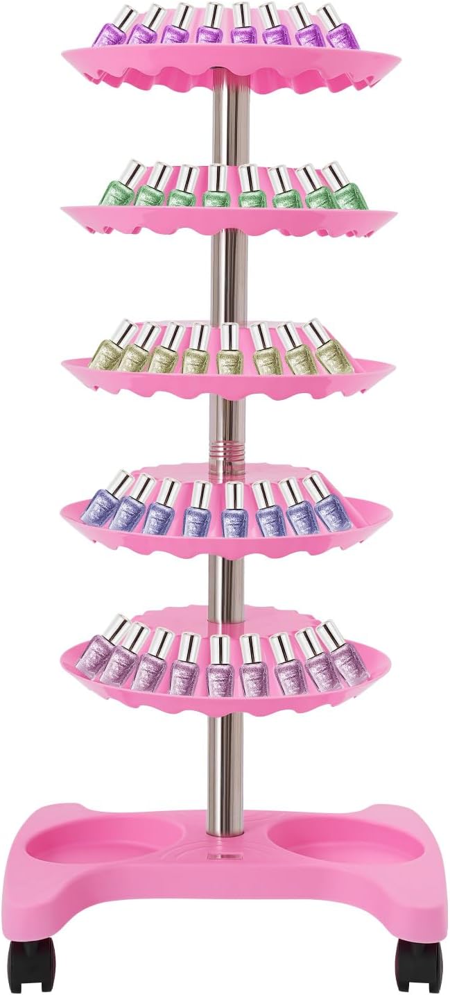 DYRABREST 5-Tier Nail Polish Trolley Organizer, 360° Rotating Nail Polish Display Stand with Wheels, Adjustable Shelves, White Modern Rolling Cart for Nail Salons and Home Use (pink)