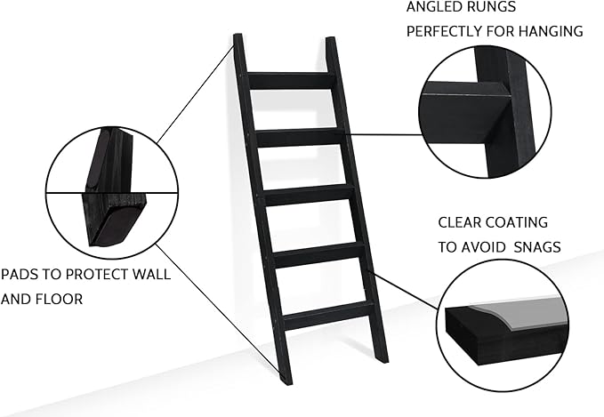 FUIN 5ft (58") Wood Blanket Ladder Living Room Decorative Wall Leaning Farmhouse Quilt Display Holder Storage Rustic Wooden Towel Rack for Bathroom, Black
