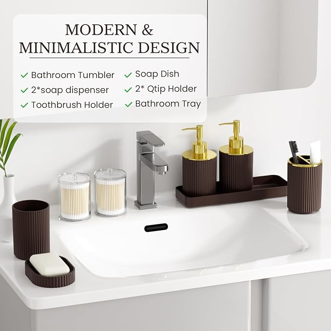 Brown Bathroom Accessories Set, 10PC Bathroom Set, Bath Accessory with Pop Up Trash Can, Soap Dispenser, Toilet Brush, Toothbrush Set Qtip Holders & Tray