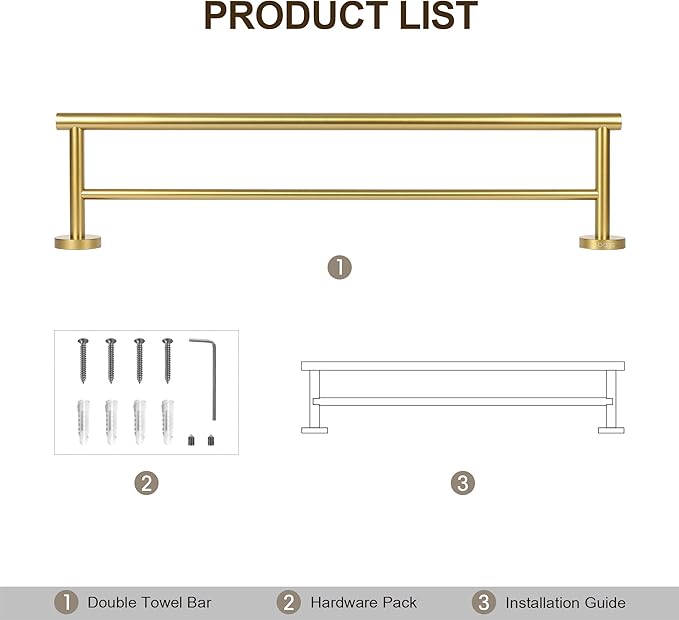 SEIDO Double Towel Bar for Bathroom Wall 24”L, 304 Stainless Steel Gold Towel Bar, 2-Bar Design Bathroom Towel Rack, Brushed Gold, 24 inch