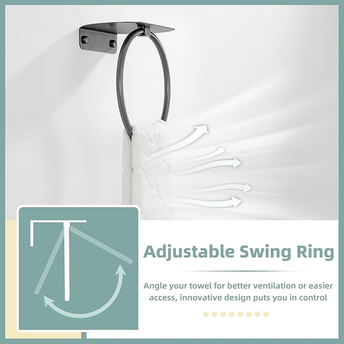 APLusee Gunmetal Gray Towel Ring with Shelf, 304 Stainless Steel Bathroom Towel Holder, Wall Mounted Swivel Loop for Kitchen Shower, Rustproof & Easy to Install
