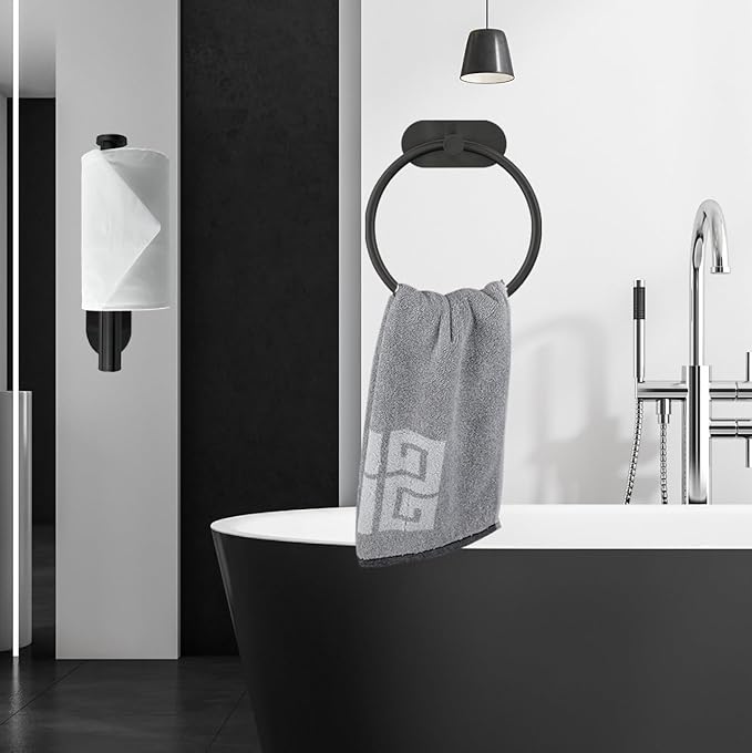 Self Adhesive Towel Ring and Toilet Paper Holder, No Drilling Stainless Steel Bathroom Hardware Set, Sturdy Bathroom Accessories for Home or Kitchen, Wall Mounted (Black)