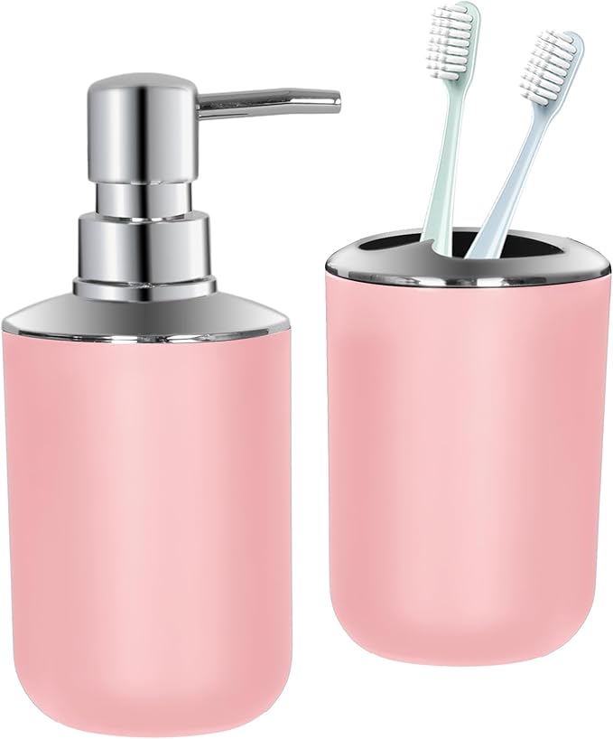 Pink Bathroom Accessories Set 2 PCS, Pink Bathroom Accessories, Plastic Soap Dispenser and Toothbrush Holder Set, Boho Bathroom Decor, Bathroom Set