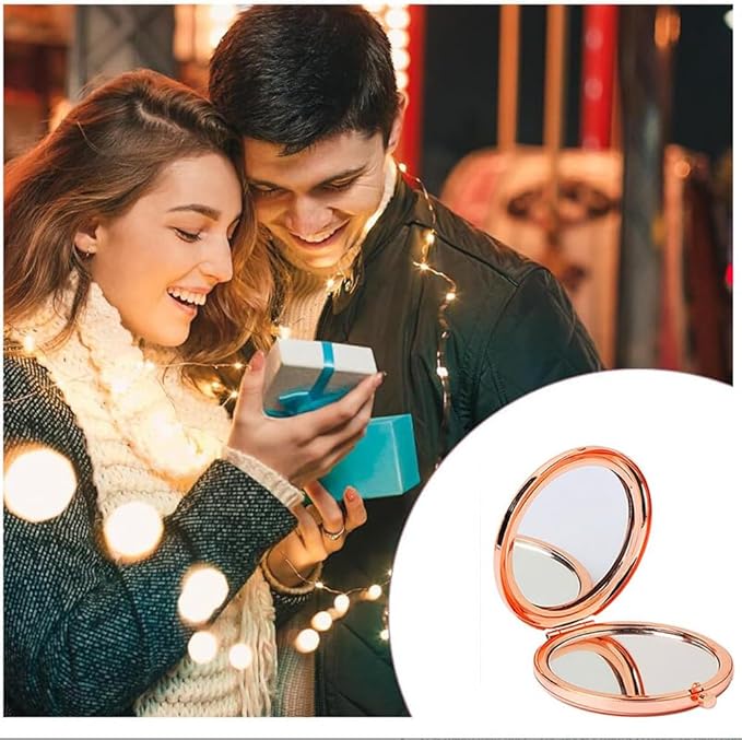 Rose Gold Compact Mirror for Women - 1x/2x Magnifying 2.76'' Small Cosmetic Mirror for Purse Portable Travel Makeup Mini Vanity Mirror Double-Sided Folding Pocket Mirror for Gift