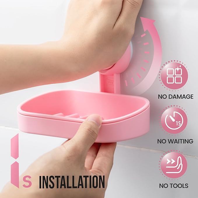TAILI Soap Holder Soap Dish for Shower, Suction Cup Soap Holder for Shower Wall, Bathroom Accessories, Removable Strong Hold Soap Saver, Drill Free Double Soap Dish, Pink 2 Set