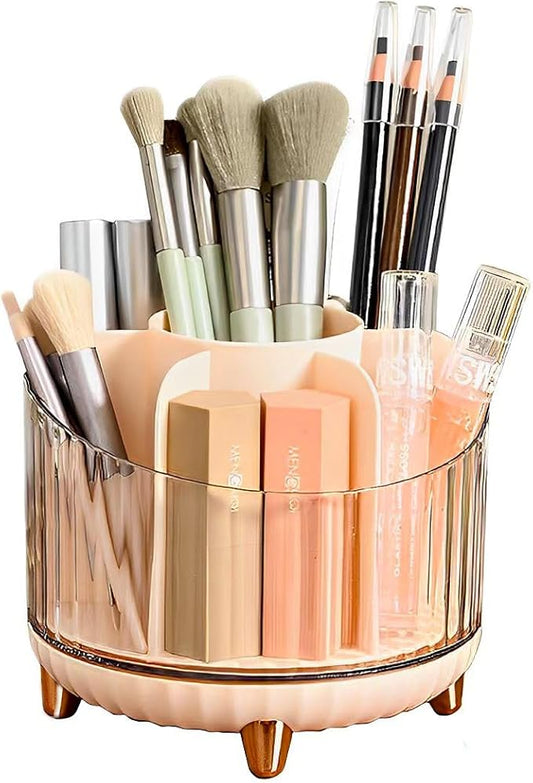 Multifunction Cosmetic Organizer, Rotating Makeup Brush Holder with Multi-Compartment Design, Countertop Organizer for Vanity, Bathroom Counter, Pantry, Cabinet (Transparent pink)