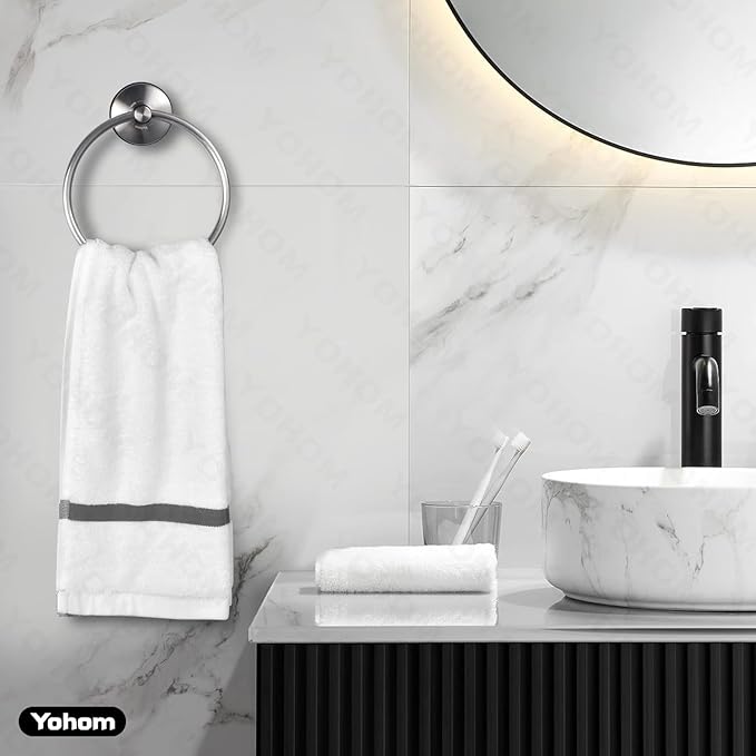 YOHOM Suction Cup Towel Ring Hand Towel Holder for Bathroom Vacuum Suction Washcloth Holder Dish Towel Hanger for Shower Wall No Drill Stainless Steel Brushed Finish, 2 PCS