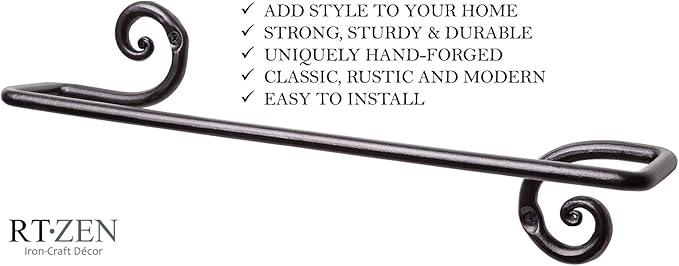 RTZEN Farmehouse Bathroom Towel Holder - Wrought Iron Matte Metal Black Towel Bar Wall Mount Rod - Handmade Home Decor Metal Kitchen Hanger Bar (16'' - Fits 16 Inch Towels)