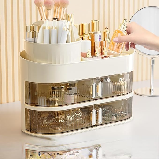 Makeup Organizer for Vanity 360 Rotating Brush Holder Cosmetic Storage with Dustproof Drawer Large Countertop Skincare Display Case for Jewelry Perfume Lotions