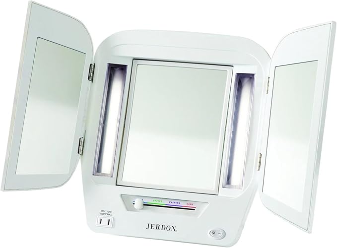 JERDON Modern Tri-Fold Makeup Mirror with Lights - Vanity Mirror with 5X Magnification & Multiple Light Settings - White Base - Model JGL10W