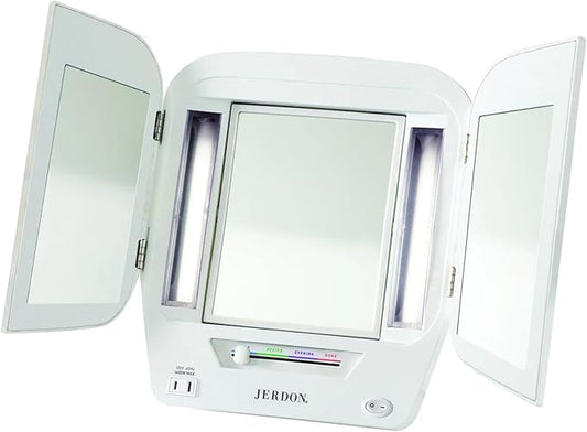 JERDON Modern Tri-Fold Makeup Mirror with Lights - Vanity Mirror with 5X Magnification & Multiple Light Settings - White Base - Model JGL10W