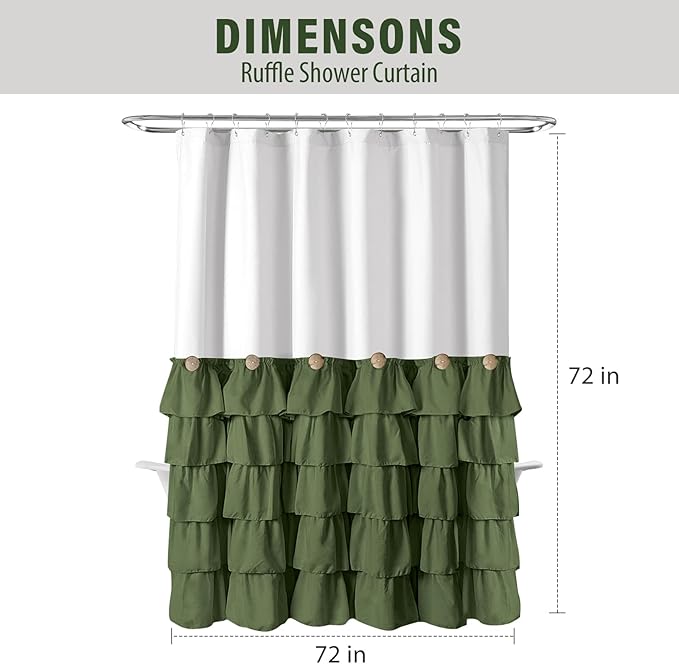 Seasonwood Green and White Shower Curtain 72 x 72 with Nature Buttons Farmhouse Shower Curtain for Bathroom French Country Style,White and Sage Green