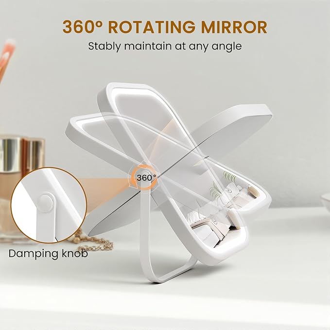 Vanity Mirror with Lights, 8"×6" LED Makeup Mirror Built-in 1500mAH Lithium Battery, Smart Touch with 3-Color Lighting, Dimmable, Lighted Up for Makeup Desk, Travel (White)