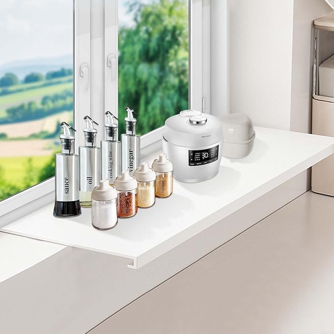 Window Sill Extender Plate, Carbon Steel Storage Shelf, 15.8x7.9in Countertop Extension Board with Magnetic Base, No Punching, for Kitchen Office Bathroom White