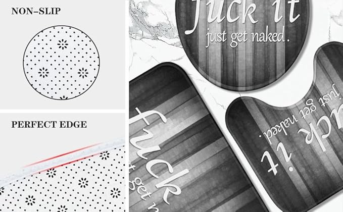 ArtSocket 4PC Funny Get Naked Grey Striped Vintage Abstract Shower Curtain Sets Bathroom Decor with Rugs, Non-Slip Rug,Toilet Lid Cover, Bath Mat and 12 Hooks 72x72 inches