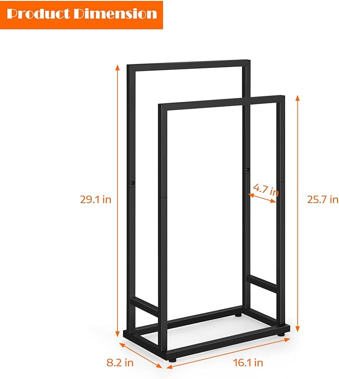 Freestanding Towel Racks 2 Tier Small Towel Holder Stand for Bathroom Matte Black Stainless Steel Industrial Towel Drying Rack for Hand Towels Blanket