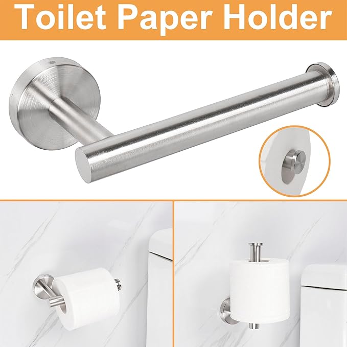 TocTen Bathroom Hardware Set, Thick Stainless Steel Bath Towel Bar Set Including Towel Rack for Bathroom+Toilet Paper Holder+3 Robe Towel Hooks Wall Mount Bathroom Accessory Set(24IN,Brushed Nickel)