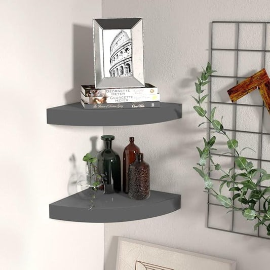 Floating Corner Shelves 2-Pack High Gloss Gray 9.8x9.8x1.5 Inch Honeycomb MDF Wall Mount Shelves with Metal Bracket for Bathroom Bedroom Living Room Decor Storage