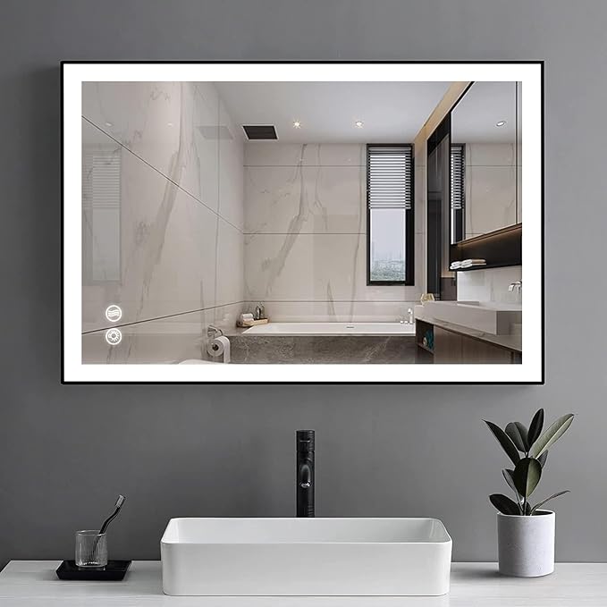 30x20 Inch LED Bathroom Mirror with Lights, Black Frame - 3 Color Modes, Touch Dimmer, Anti-Fog - Wall Mount Lighted Vanity Mirror for Makeup, Dressing Room - Fab Glass and Mirror