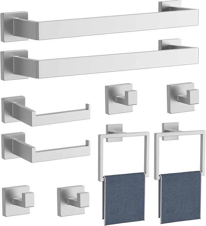 10-Pieces Brushed Nickel Bathroom Accessories Set, Bath Towel Bar Set, SUS 304 Stainless Steel Bathroom Hardware Set, Towel Holder, Towel Racks for Bathroom Wall Mounted