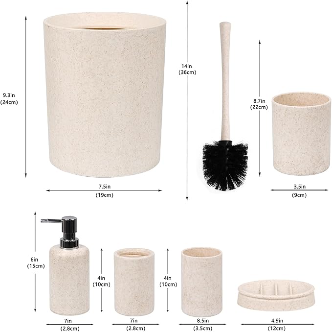 CERBIOR Bathroom Accessories Set 6 Piece Wheat Straw Bath Ensemble Includes Soap Dispenser, Toothbrush Holder, Toothbrush Cup, Soap Dish for Decorative Countertop and Housewarming Gift (Beige)