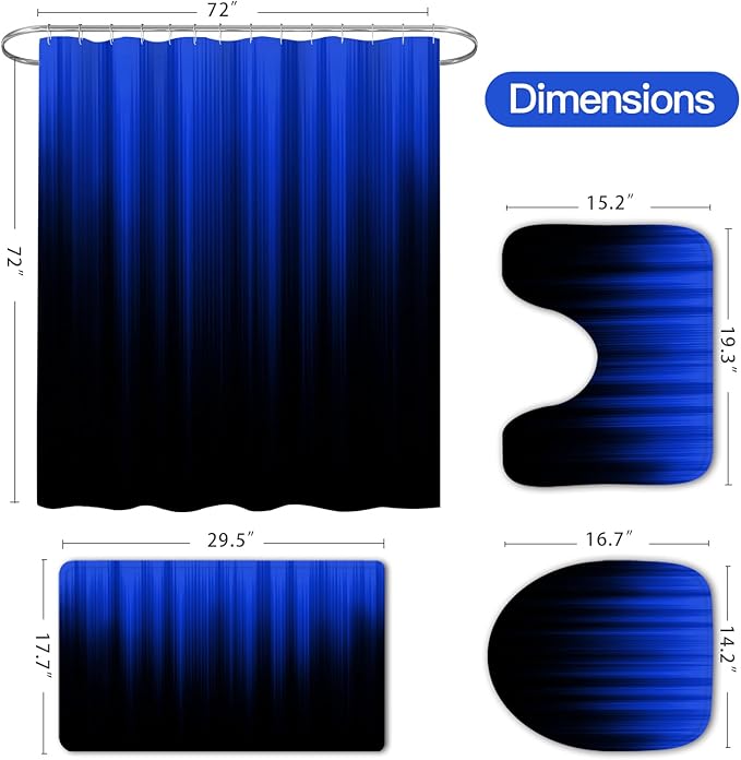 Litabel 4 Pcs Royal Blue and Black Gradient Shower Curtain Set with Rugs and Toilet Lid Cover, Modern Simple Waterproof Fabric Bathroom Set, Ombre Stripe Gothic Abstract Bathroom Decor Set Accessories