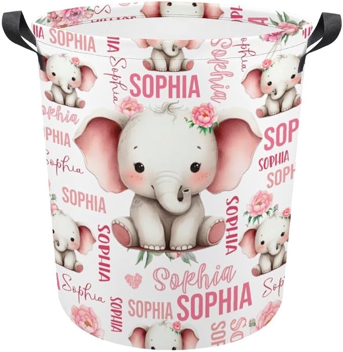 Custom Elephant Laundry Baskets,Personalized Elephant Gifts,Customize Name Laundry Hamper for Boys Girls Adults,Collapsible Clothes Storage Organizer,16.5 x 13.8in