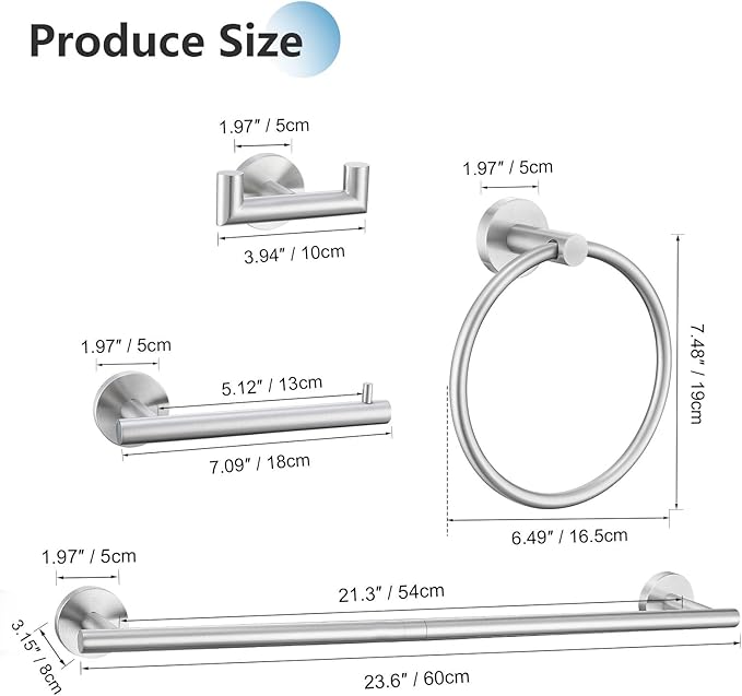 TNOMS Brushed Nickel 5 Pieces Towel Bar Set Bathroom Hardware Set Upgraded Towel Hooks,Towel Holder Set for Bathroom Stainless Steel Wall Mounted 23.6 Inch