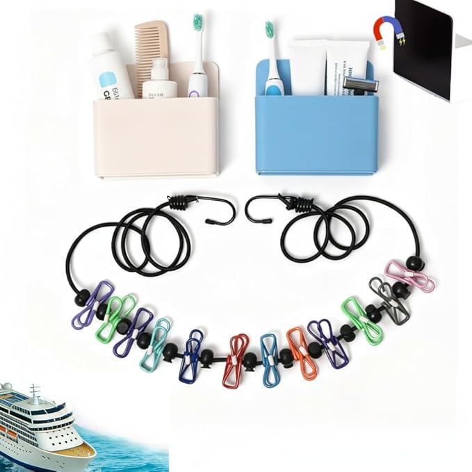 Cruise Essentials Kit 2026: Magnetic Toothbrush Holder for Cruise (2 Pack, White & Blue) & Travel Clothesline with Hooks – Disney, Alaska, Carnival, Royal Caribbean Must Haves Packing List