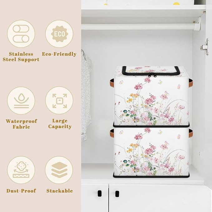Boho Floral Flowers Storage Basket - Rectangular Decorative Box Collapsible Organizer with Zipper Lid, Watercolor Butterfly Bin with Handles for Girl Woman Her Bedroom, 24L