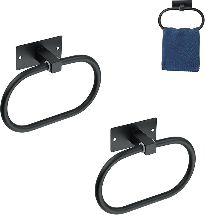 Alise Hand Towel Holder Towel Ring for Bathroom Lavatory Self-Adhesive,SUS304 Stainless Steel Towel Rack Towel Bar Towel Hanger for Walls,Black,Pack of 2