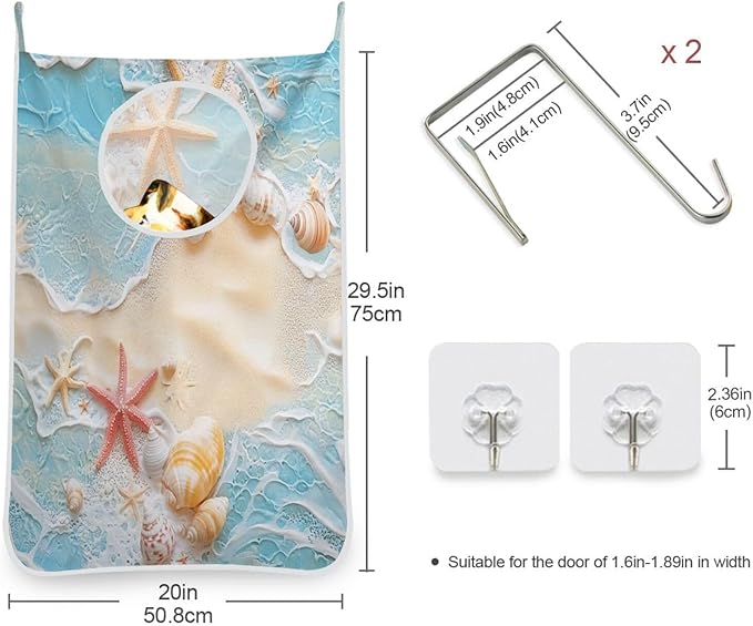 Blue Beach Sea Star Shell Summer Hanging Laundry Hamper Door Hampers Bag Basket with Stainless Steel Hooks Oxford Fabric Printing Decorative Clothes Bags 29.5X20inch 2Pack