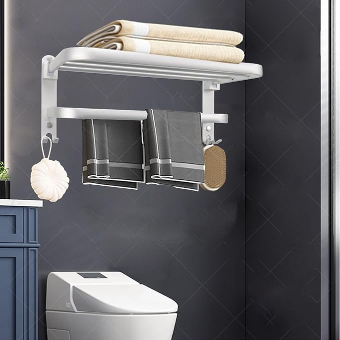 Towel Rack for Bathroom, Bath Towel Holder with Double Towel Bar and Fold-able Towel Shelf, Rustproof Towel Organizer Wall Mounted Towel Storage Hanger for Bath/Balcony/Lavatory(24In Sliver)