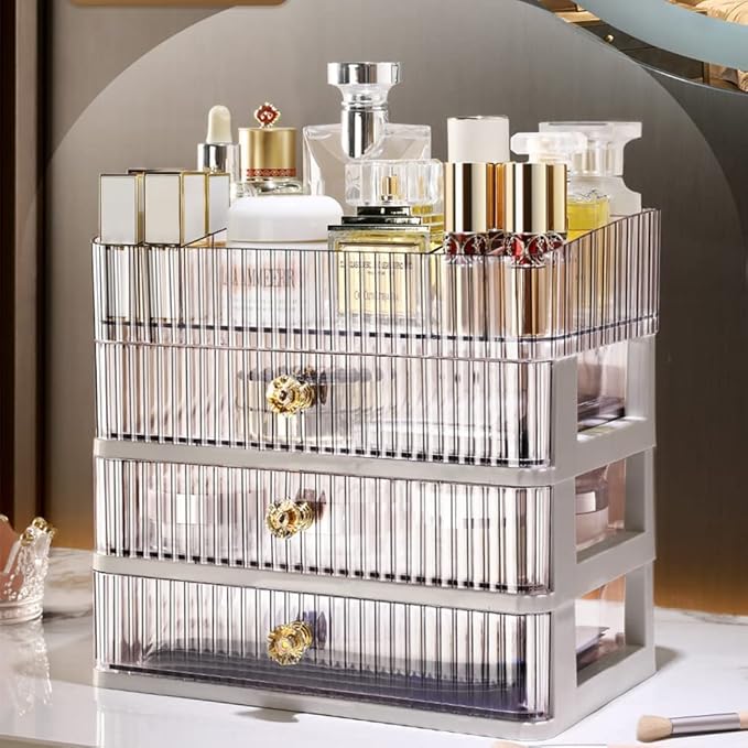 No band Makeup Organizer Cosmetic Storage Organizer for bathroom Vanity Countertop,Cosmetic Display Box Case with Drawers and Cover Waterproof Dust-proof (pink1)