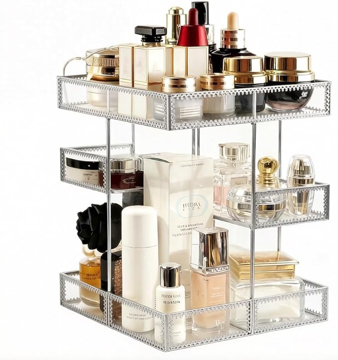 Hersoo 360 Degree Rotation Cosmetic Organizer -Premium Makeup Storage with Spin Base,Antique Countertop Cosmetic Storage,Large Capacity,Beauty Display for Countertop,Vanity or Bathroom (silver)
