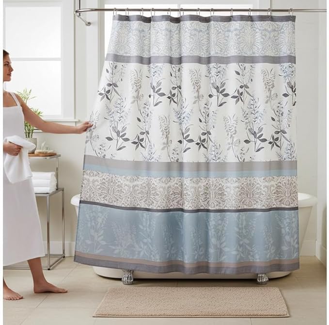 Serafina Home Hotel Quality Fabric Bathroom Shower Curtain: Farmhouse Floral Bordered Damask - Light Blue, Beige, and Grey (72 x 70 inches)