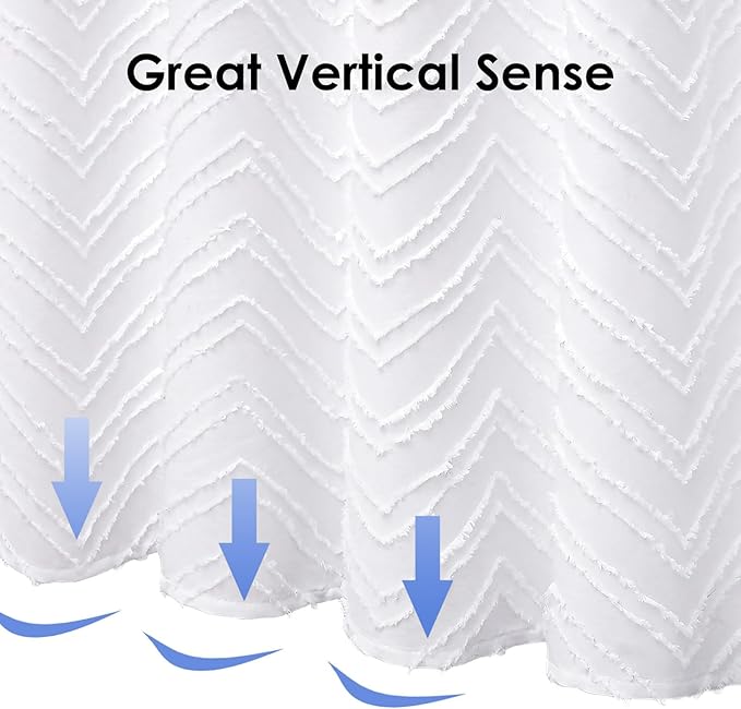 OVZME White Boho Fabric Shower Curtain 72 Inch Length, Tufted Chevron Striped Minimalist Premium Thick Cloth Bathroom Shower Curtain, Modern Hotel Textured Bathroom Decor, 72Wx72L Inches