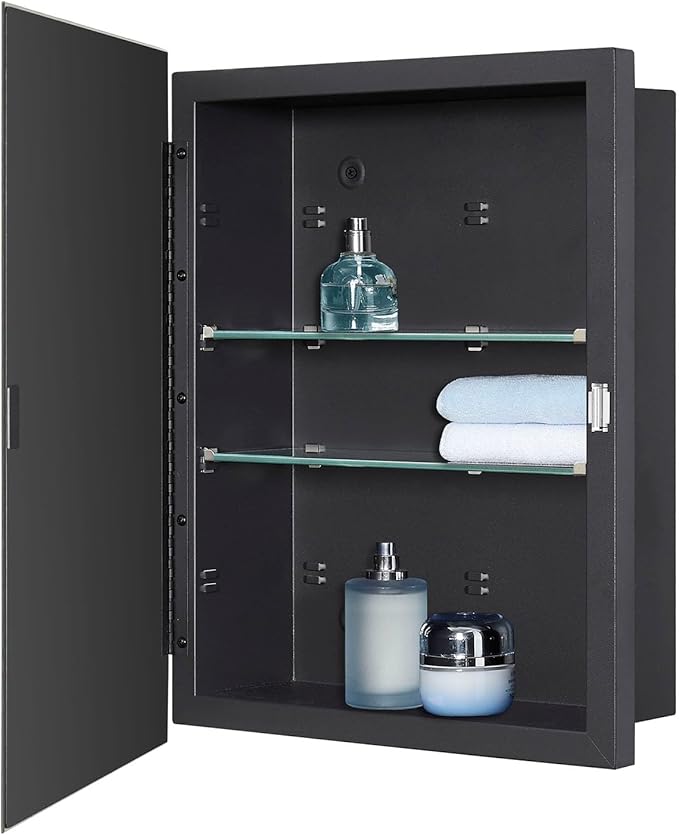 IDYLLOR Black Bathroom Medicine Cabinet with Beveled Edge Mirrored Door 14 x 18 inch, Recessed or Surface Mount, with Adjustable Glass Shelves