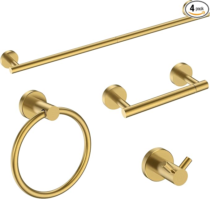 FORIOUS Bathroom Hardware Accessories Set, SUS304 Stainless Steel Towel Bar Set, Modern Towel Racks Holder for Bathroom, Toilet Paper Holder Wall Mounted 4 Pieces(24" Bar, Brushed Gold)